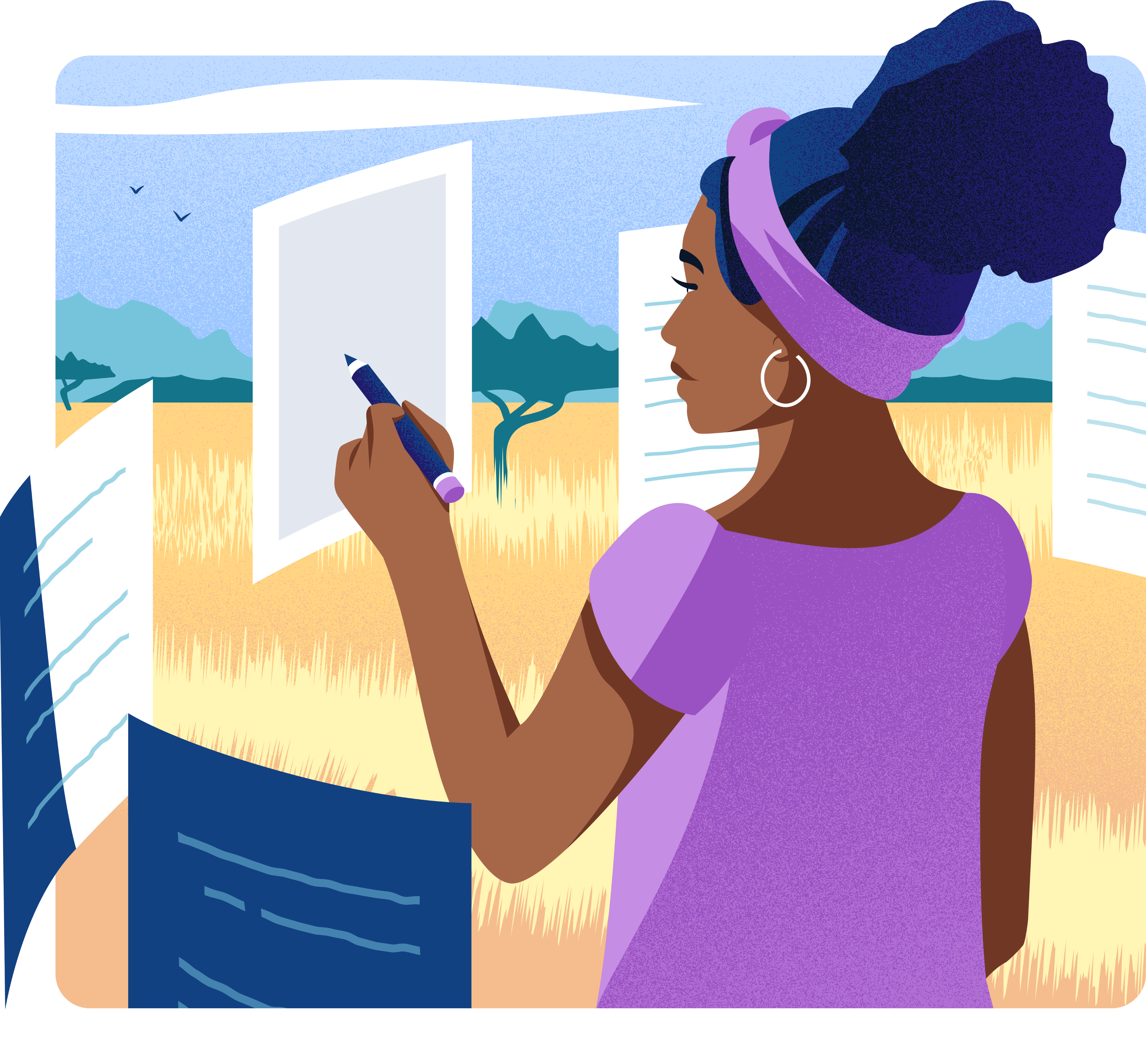 Woman writing on papers in the landscape