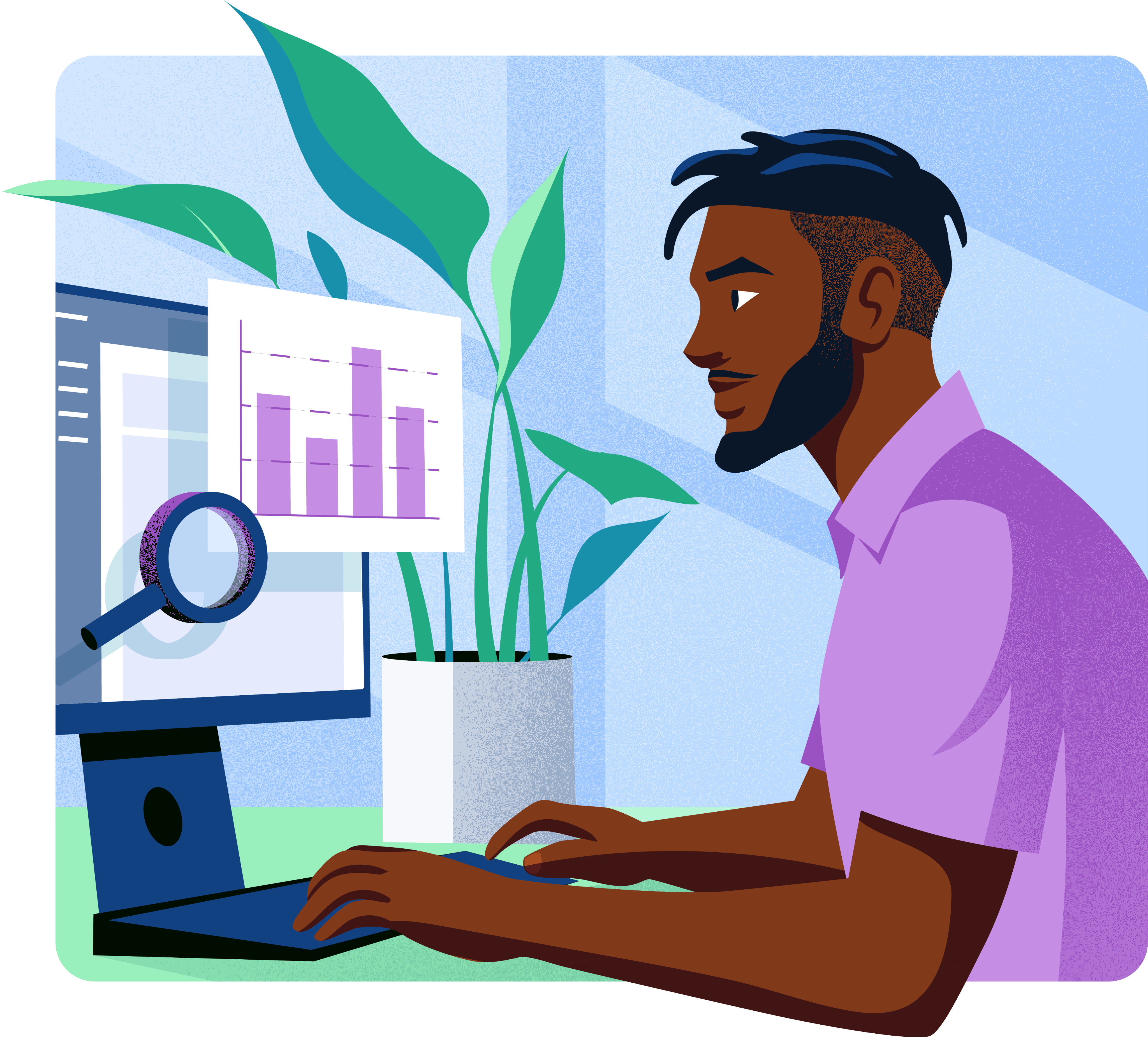 Man looking at charts on desktop