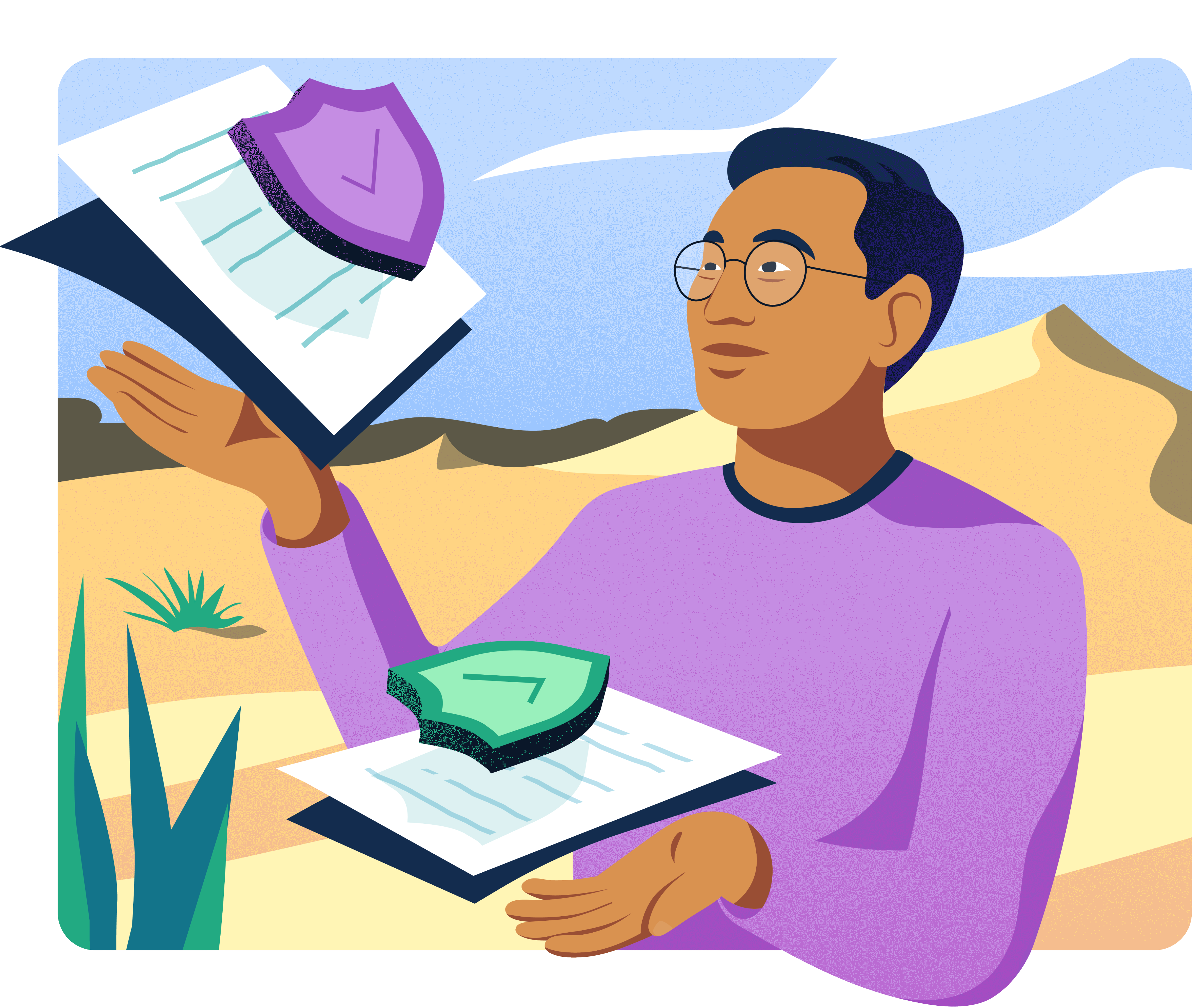 Man holding secure papers in the desert