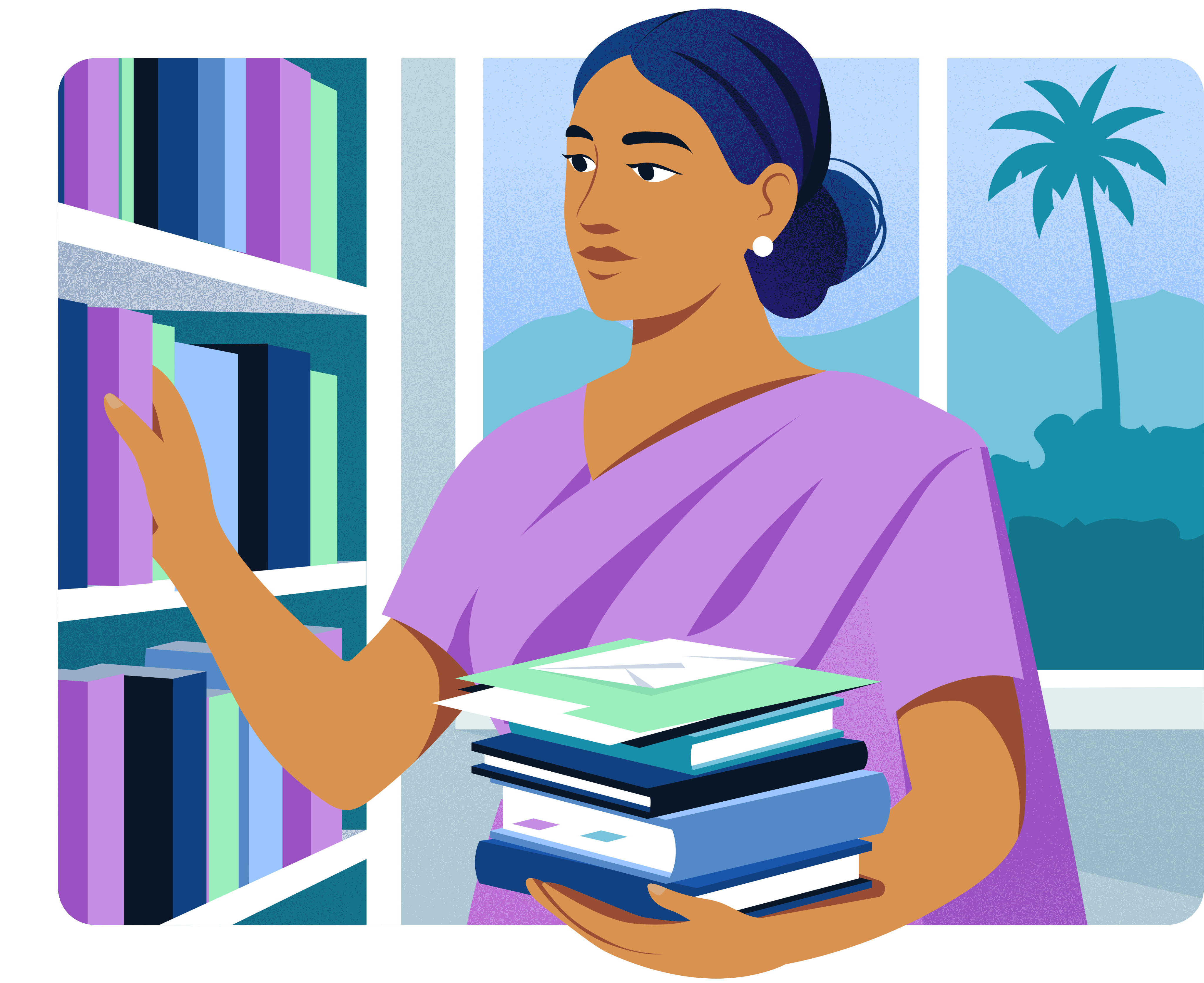 Woman gets books from bookshelf